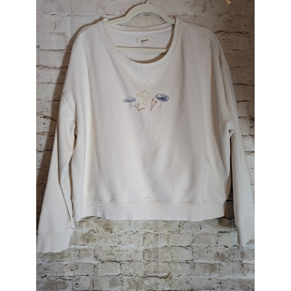 Pact Mushroom Sweatshirt Women's XXL Ivory Pullover Boxy Fit Crew Neck Granola
